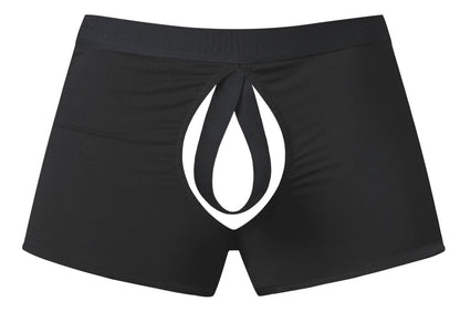 Black Male Power 162-304 open ended moonshine short boxer briefs with bold white flame logo and elastic cock ring