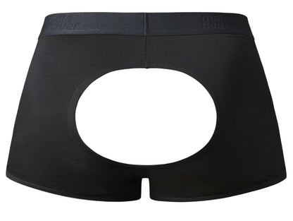 Black male power 162-304 briefs with central circular cutout open front elastic waistband for comfort and support