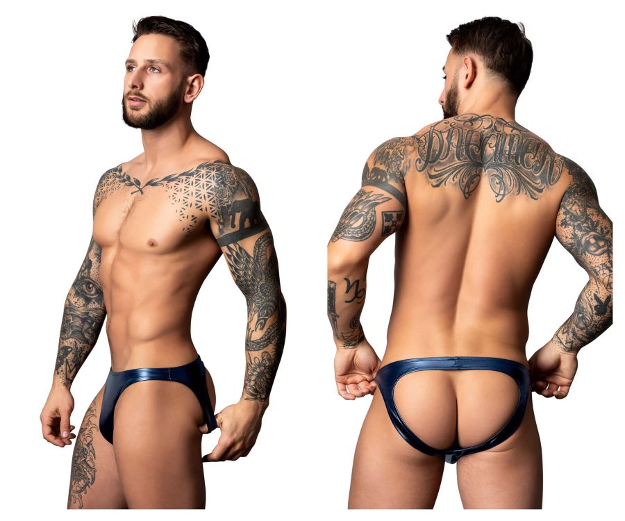 Male power 300-301 liquid onyx 2.0 moonshine navy blue shiny latex briefs showing front side detail