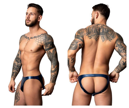 Male power 300-301 liquid onyx 2.0 moonshine navy blue shiny latex briefs showing front side detail