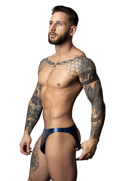 Navy blue shiny latex briefs male power 300-301 liquid onyx 2.0 moonshine color blue front view