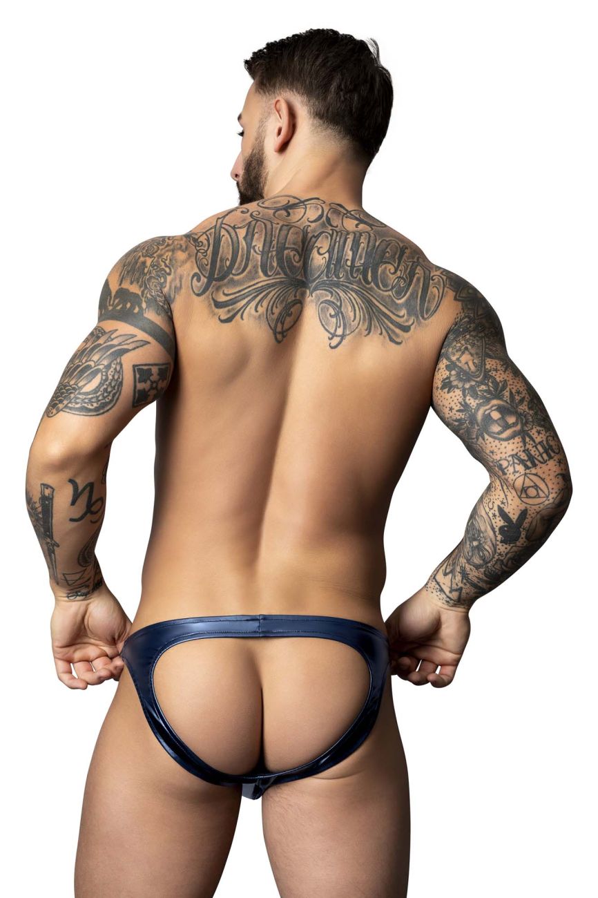 Navy blue latex thong with glossy finish and intricate back design by male power 300-301 liquid onyx moonshine blue