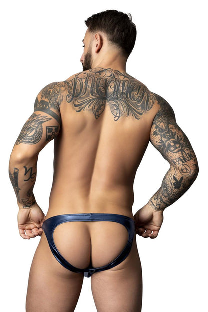 Navy blue latex thong with glossy finish and intricate back design by male power 300-301 liquid onyx moonshine blue