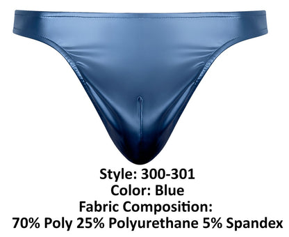 Blue shiny Male Power 300-301 thong made of 70% polyester 25% polyurethane and 5% spandex in liquid onyx moonshine color