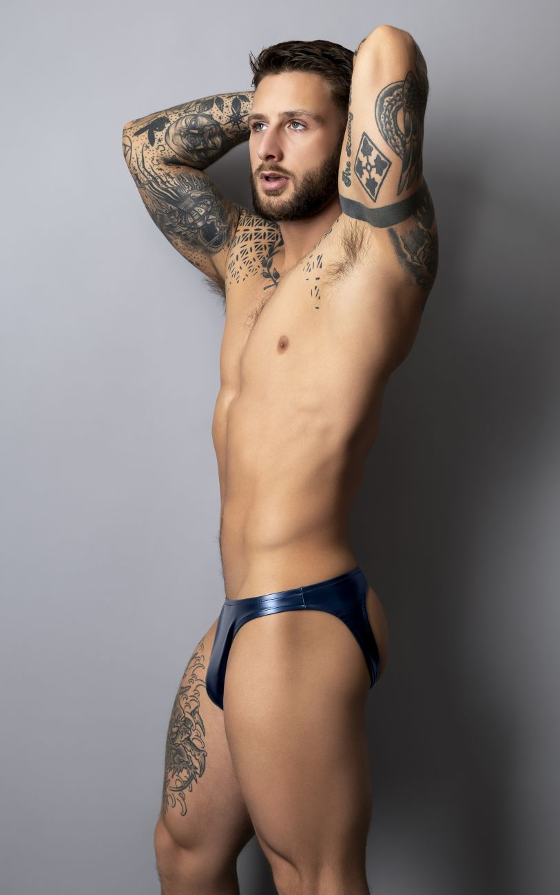 Shiny navy blue metallic male power 300-301 liquid onyx 2.0 moonshine briefs with a sleek finish