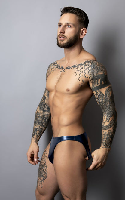 A sleek deep blue metallic brief with a glossy finish and contoured design from Male Power 300-301 liquid onyx 2.0