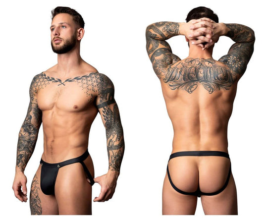 Black leather thong male power 346-298 oh snap snap off jock with adjustable side straps and central button closure