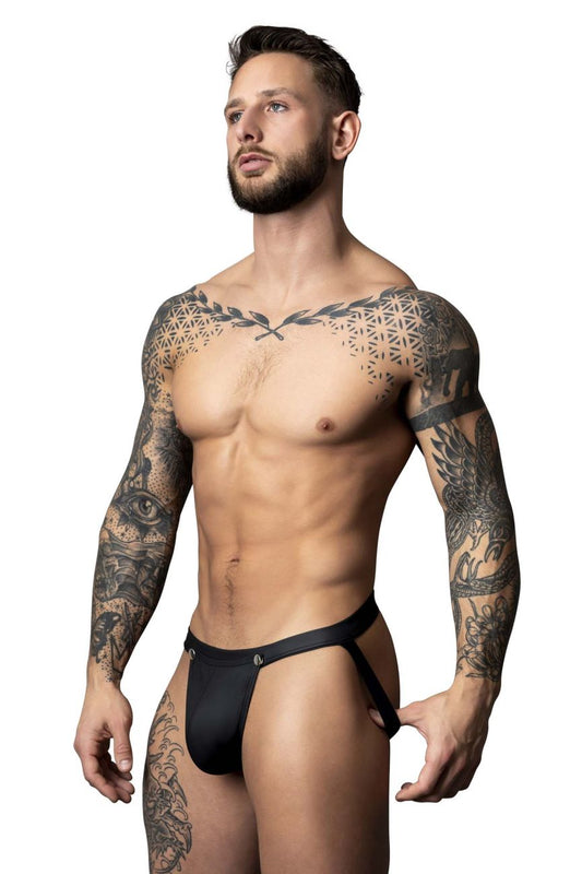 Black leather thong male power 346-298 oh snap snap off jock with small silver logo on front in color black