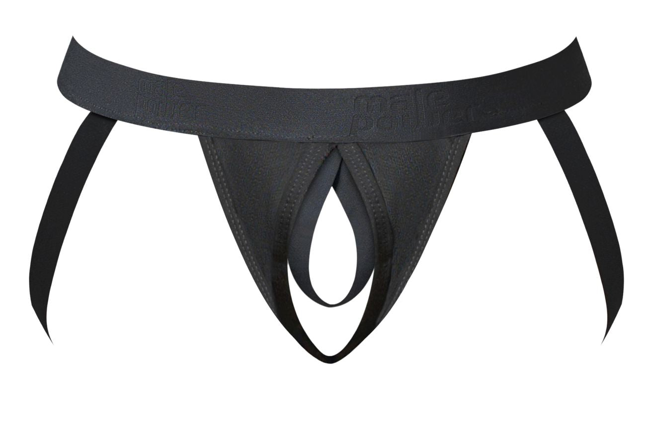 Black sleek minimalist thong with wide elastic waistband and subtle embossed branding from male power 348-304 jock
