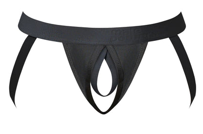 Black sleek minimalist thong with wide elastic waistband and subtle embossed branding from male power 348-304 jock