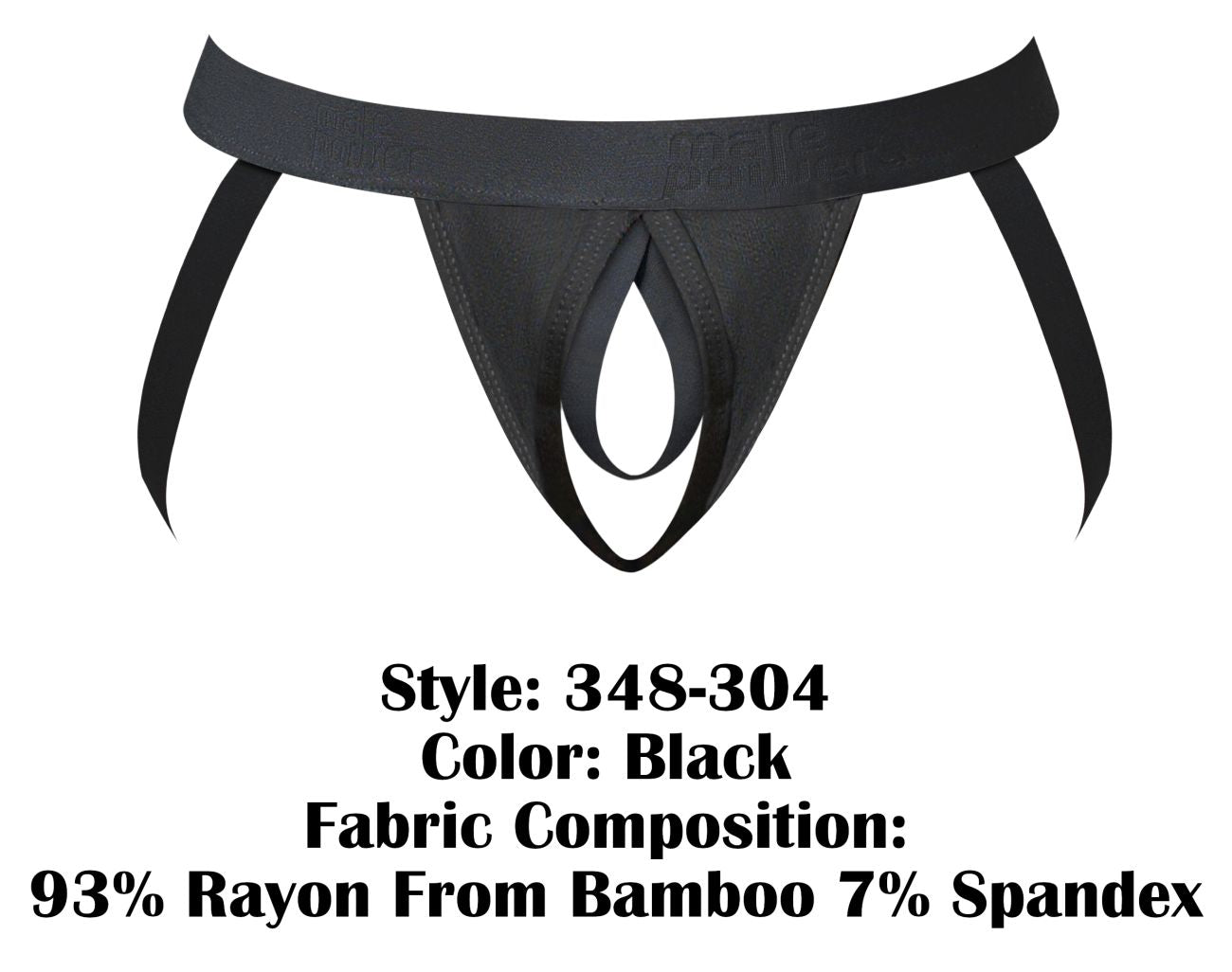 Black male power 348-304 open ended jock with elastic cock ring side ties made of rayon bamboo and spandex