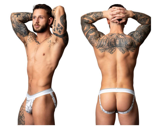 Male power 349-299 soo cumfy jock white black brief with white marble pattern and sleek modern design