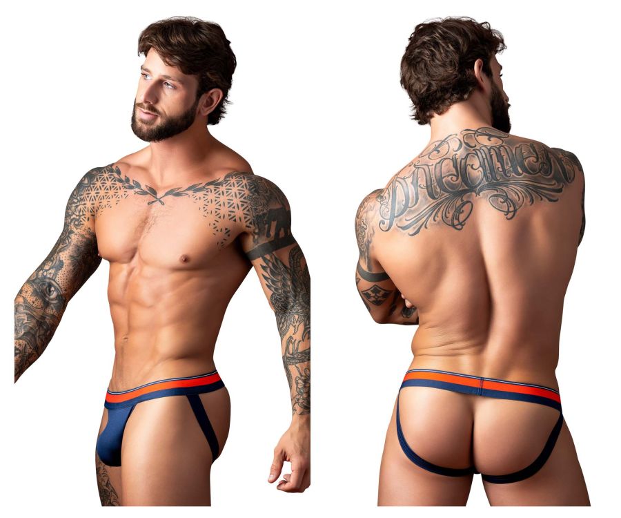 Male power 349-299 soo cumfy jockstrap in navy blue and orange with a supportive contoured athletic design