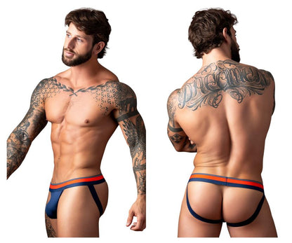 Male power 349-299 soo cumfy jockstrap in navy blue and orange with a supportive contoured athletic design