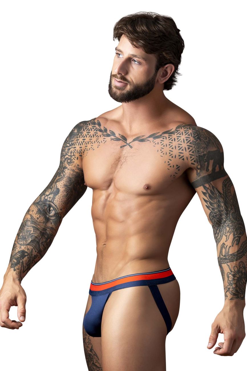 Male power 349-299 soo cumfy jockstrap in navy blue and orange with a supportive contoured athletic brief design