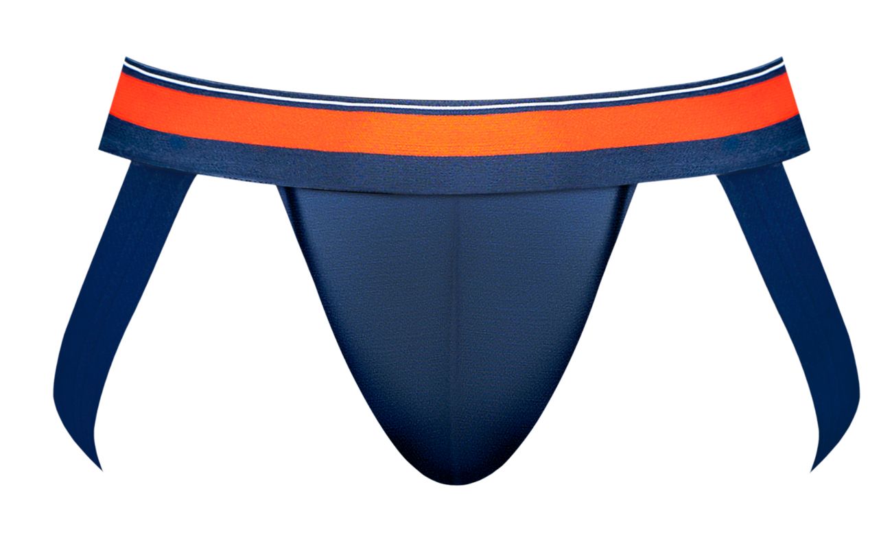 Male power 349-299 soo cumfy navy athletic briefs with bold orange and white striped waistband for support and comfort