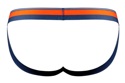 Male power 349-299 soo cumfy jockstrap in navy blue with a bold orange and white striped waistband