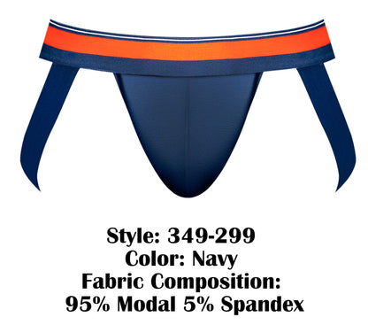 Male power 349-299 soo cumfy jockstrap navy blue athletic briefs with bold orange and white striped waistband