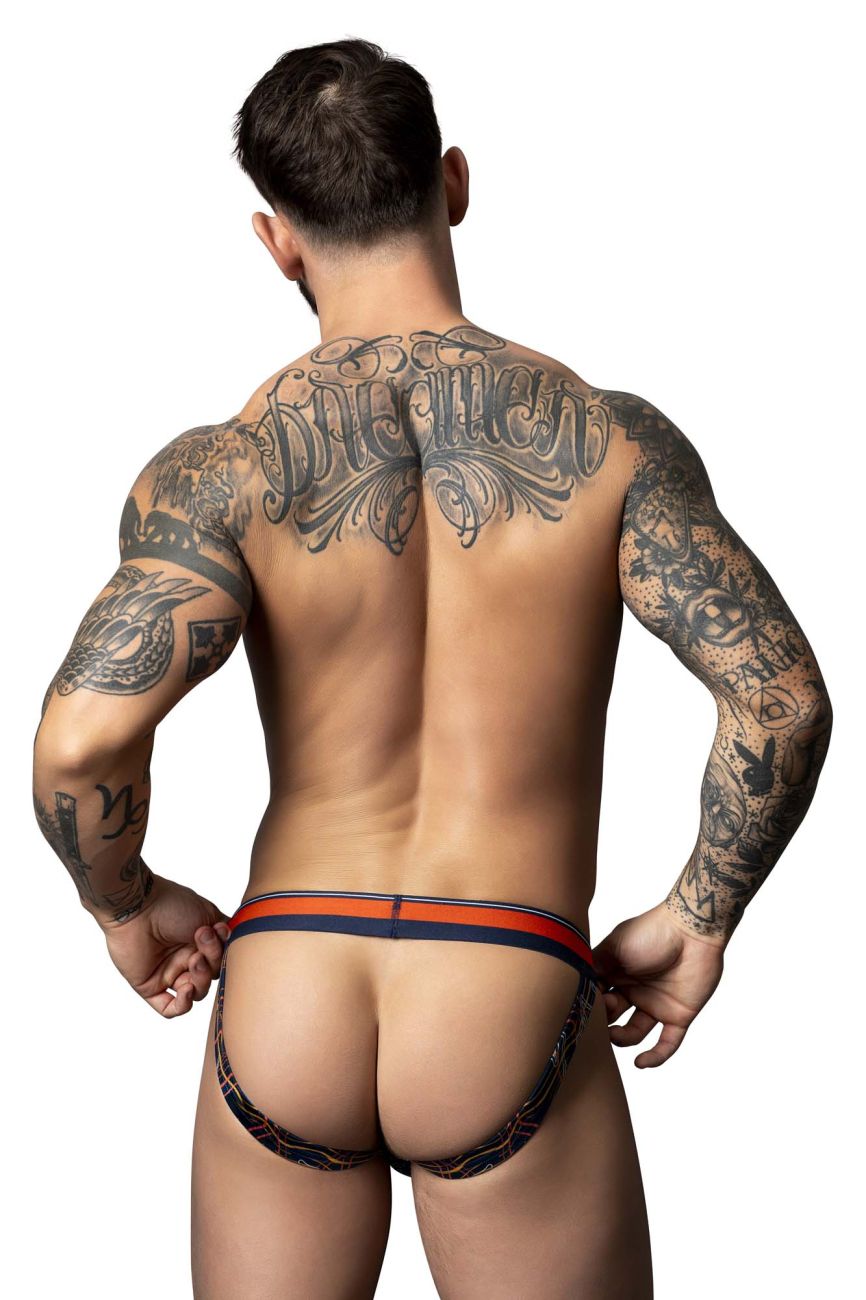 Male power 349-299 soo cumfy jockstrap in black and orange patterned briefs with navy blue trim for comfortable support