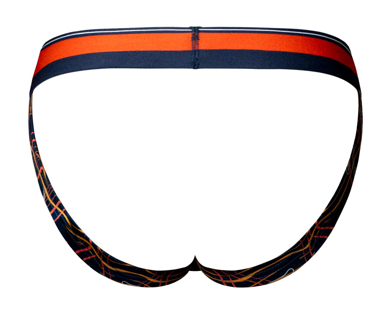 Male power 349-299 soo cumfy jockstrap with orange and navy blue striped waistband and black fabric body with abstract lines