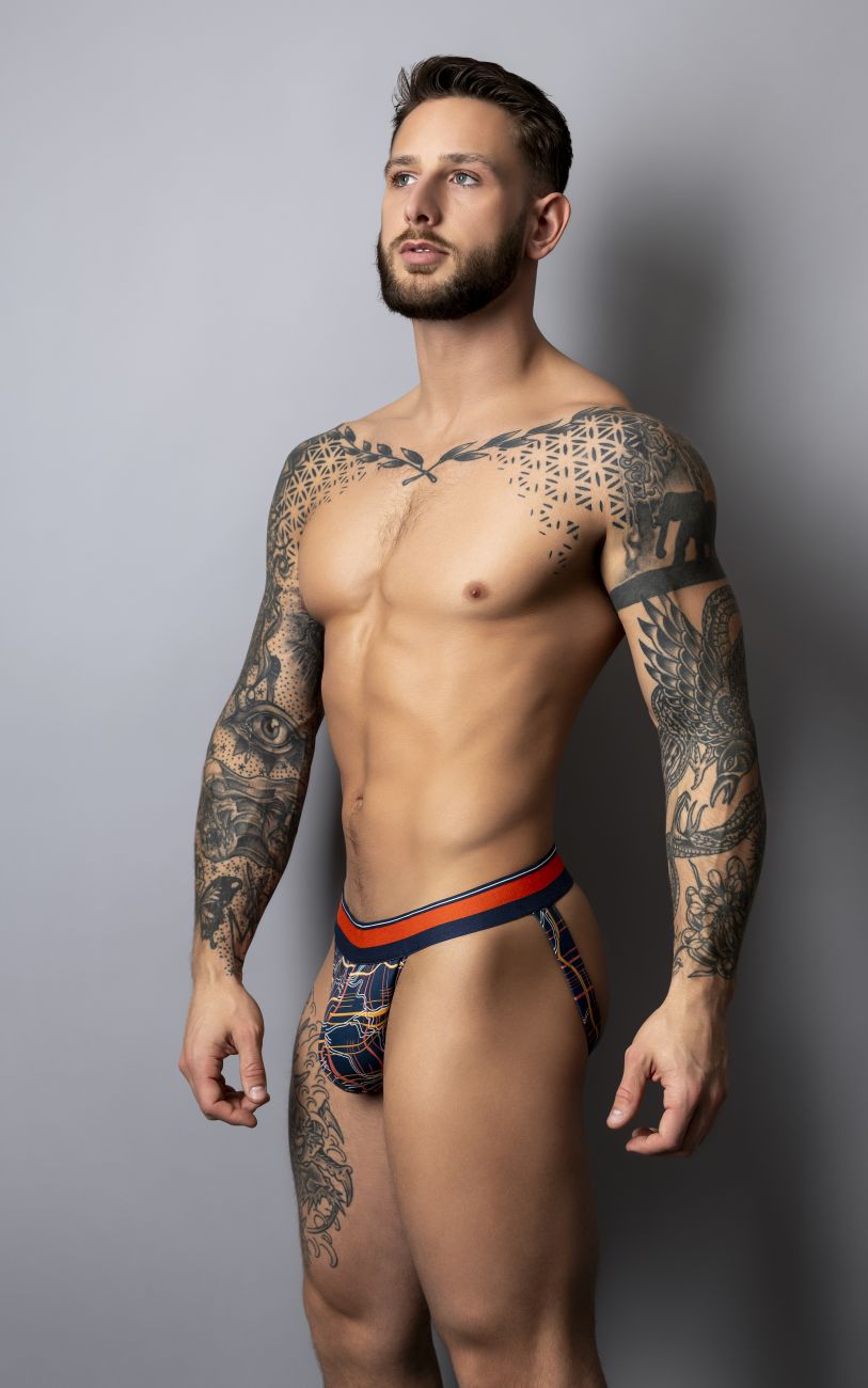 Male power 349-299 soo cumfy jockstrap in navy with blue and orange geometric patterned men’s briefs front view