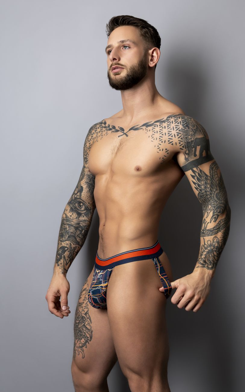 Male power 349-299 soo cumfy jockstrap in navy with blue and orange geometric patterned men’s briefs front view