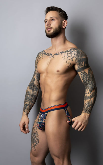 Male power 349-299 soo cumfy jockstrap in navy with blue and orange geometric patterned men’s briefs front view