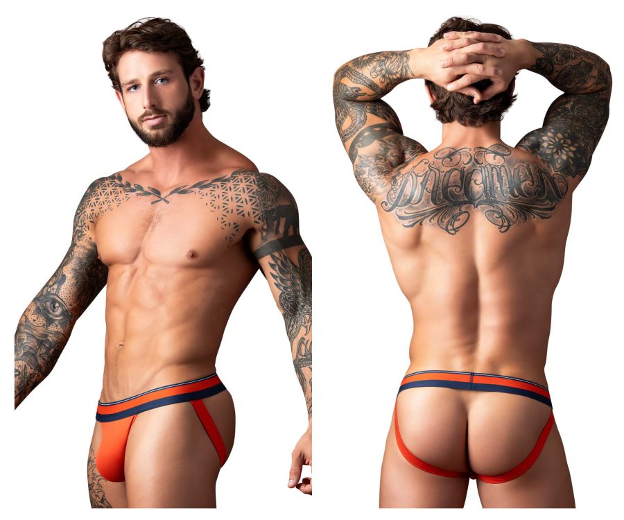 Male power 349-299 soo cumfy jockstrap in orange and navy blue striped snug athletic briefs with back view