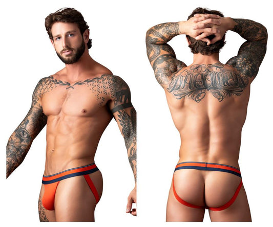 Male power 349-299 soo cumfy jockstrap in orange and navy blue striped snug athletic briefs with back view