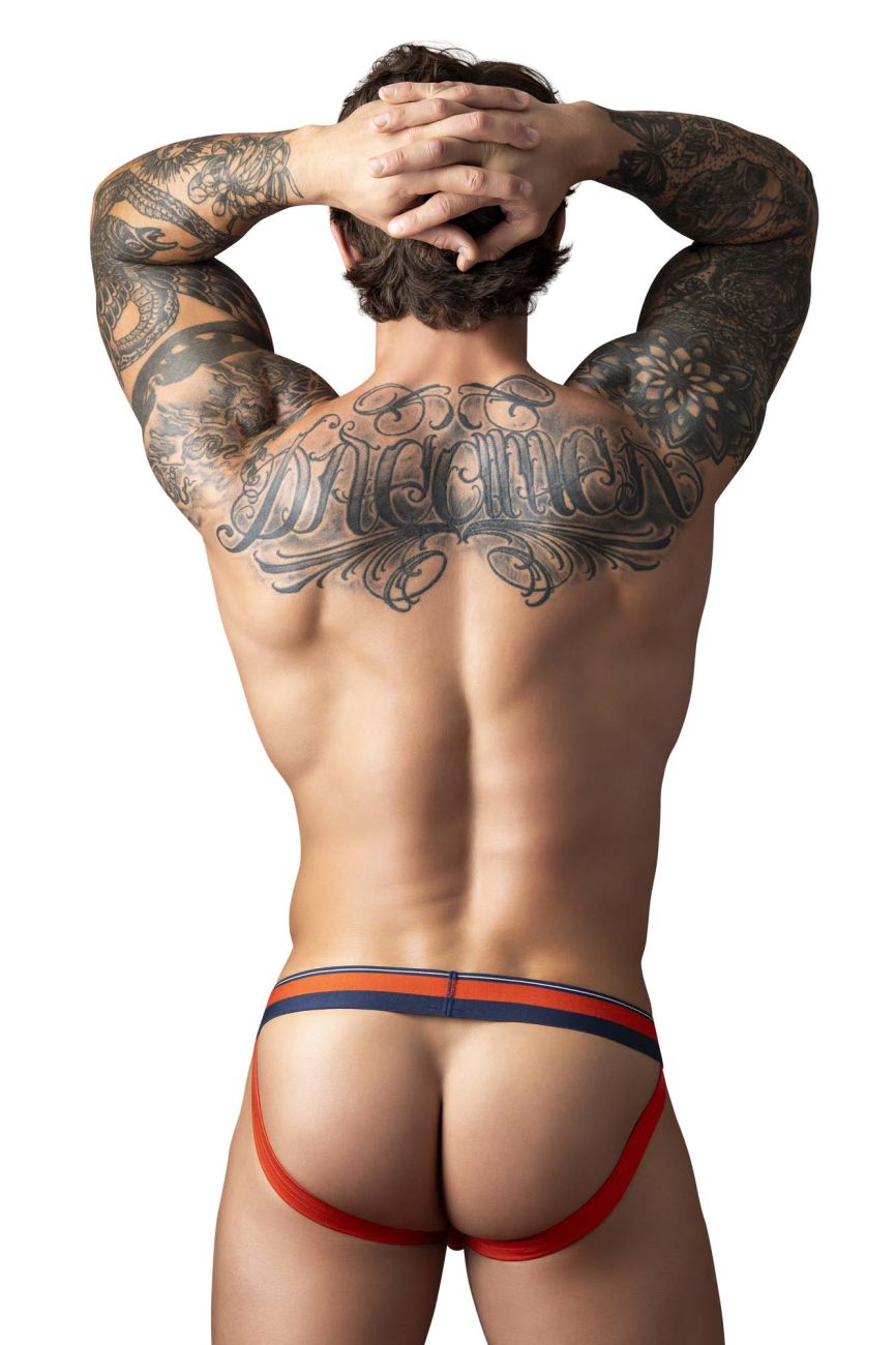 Male power 349-299 soo cumfy jockstrap in red and navy blue with a snug form-fitting athletic design