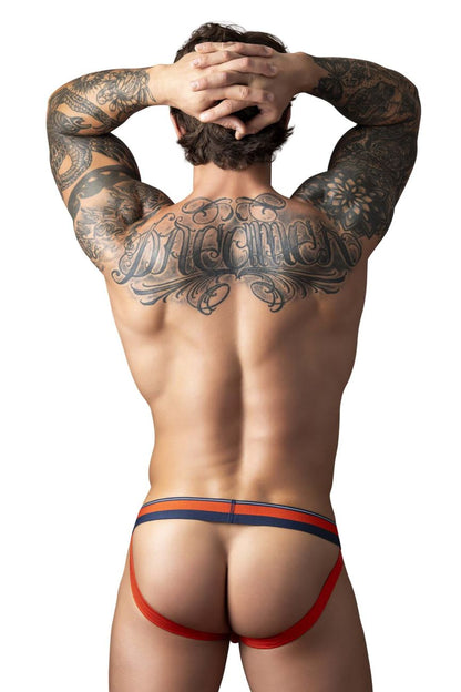 Male power 349-299 soo cumfy jockstrap in red and navy blue with a snug form-fitting athletic design