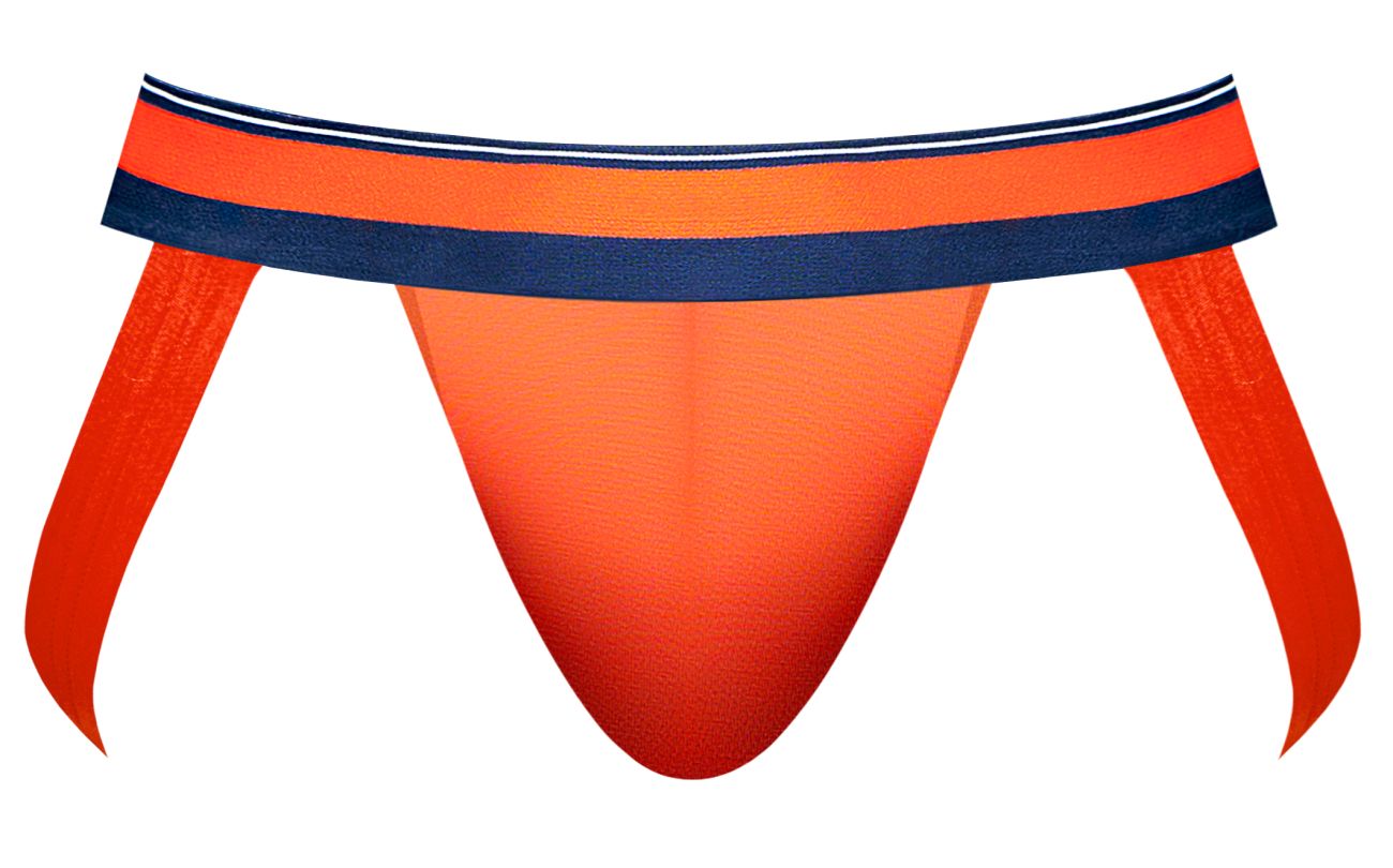 Male power 349-299 soo cumfy jockstrap in vibrant orange with navy blue and white striped waistband for athletic use