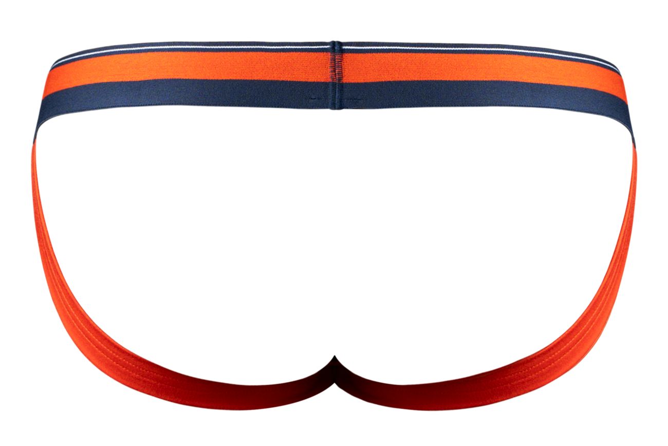 Male power 349-299 soo cumfy jockstrap in orange striped orange and navy blue athletic briefs with red gradient trim