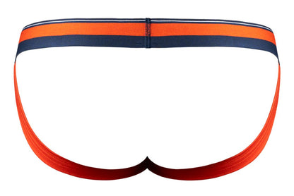 Male power 349-299 soo cumfy jockstrap in orange striped orange and navy blue athletic briefs with red gradient trim