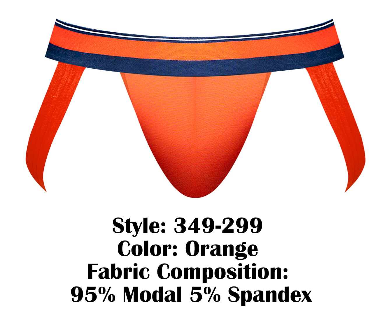 Male Power 349-299 soo cumfy jockstrap in orange with navy white striped waistband made from 95% modal 5% spandex