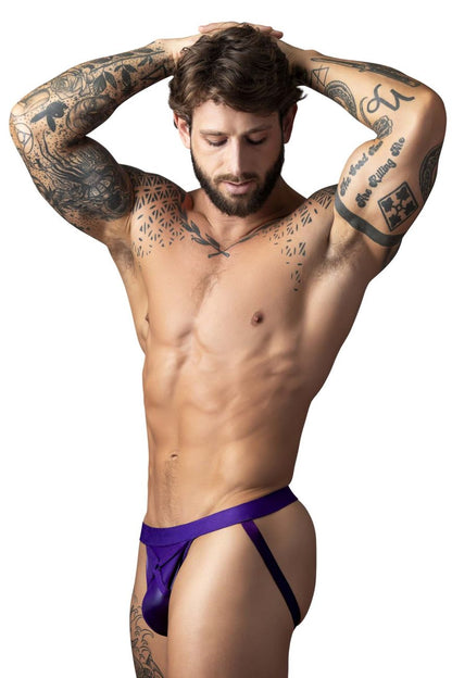 Purple satin thong male power 350-302 eggplant crossover jock with supportive high-waisted design in plum