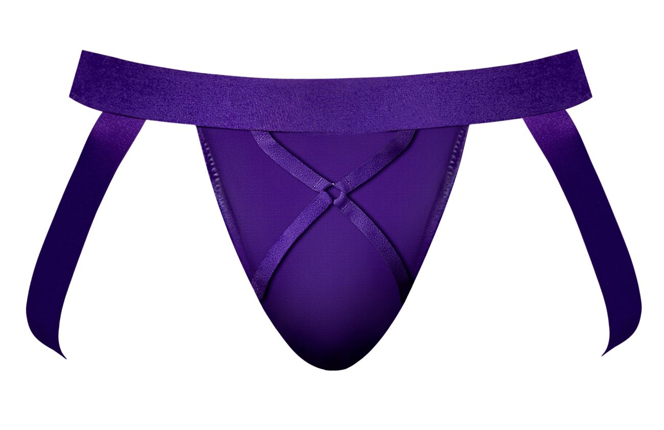 Purple satin thong male power 350-302 with wide waistband and crossed ribbon ties in eggplant color