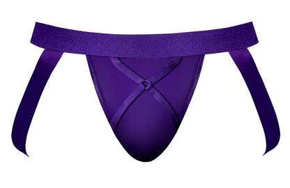 Purple satin thong male power 350-302 with wide waistband and crossed ribbon ties in eggplant color