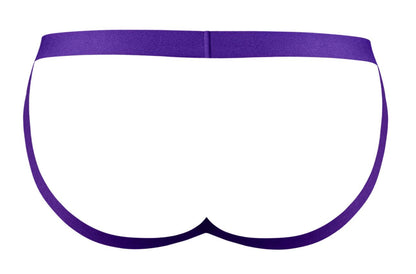 Purple satin briefs by male power with a smooth sleek design in eggplant color for comfortable daily wear