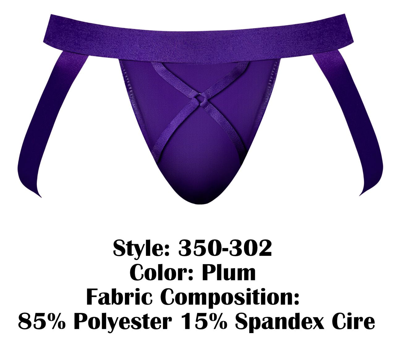 Male power 350-302 eggplant crossover jock in plum satin with crossed fabric straps at the front