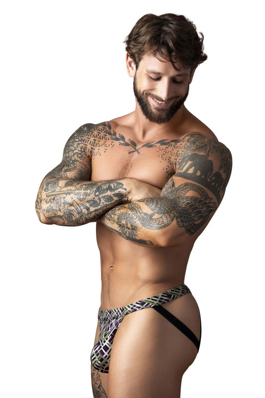 Male Power 351-303 gridlocked strappy ring jock brief in black and white geometric pattern for men