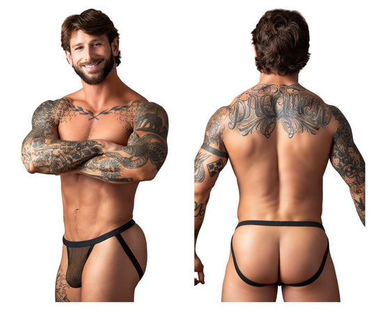 Male power 388-11c fishnet black jockstrap with black mesh briefs solid waistband and leg straps
