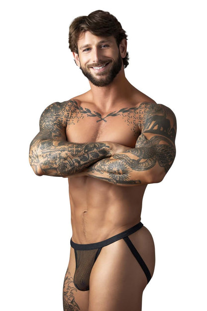 Male power 388-11c fishnet black mesh briefs with solid black waistband designed as a jockstrap