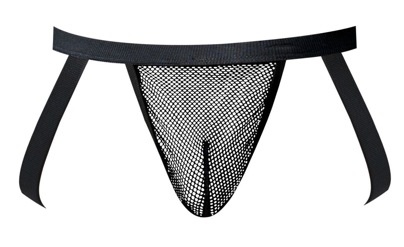 Male power 388-11c fishnet black thong with solid waistband and side straps shown from the back side