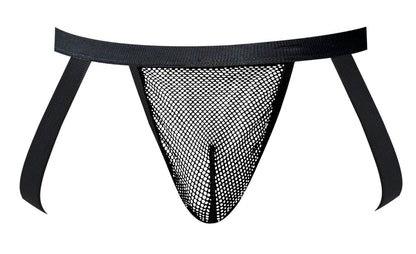 Male power 388-11c fishnet black thong with solid waistband and side straps shown from the back side