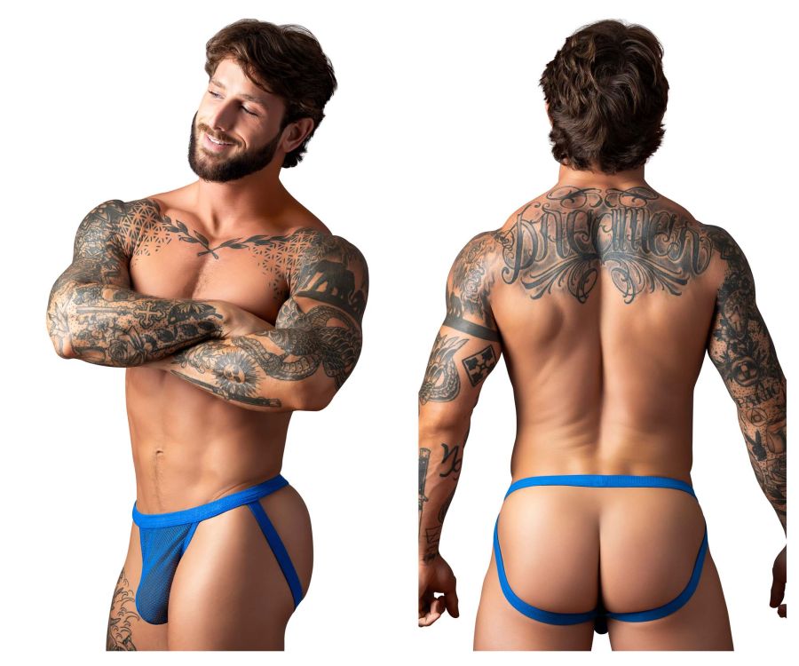 Blue athletic briefs with supportive contoured design and thin side straps male power 388-11c fishnet 2 jockstrap royal