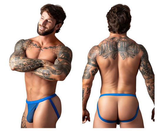 Blue athletic briefs with supportive contoured design and thin side straps male power 388-11c fishnet 2 jockstrap royal