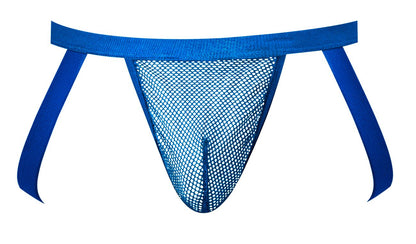Male power 388-11c fishnet royal blue thong with solid blue waistband and side straps front view