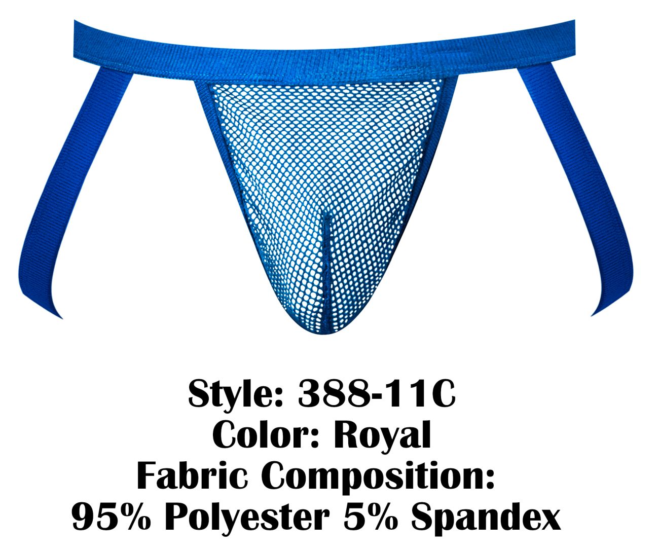 Male power 388-11c fishnet 2 jockstrap in royal blue mesh with solid fabric waistband made of polyester and spandex