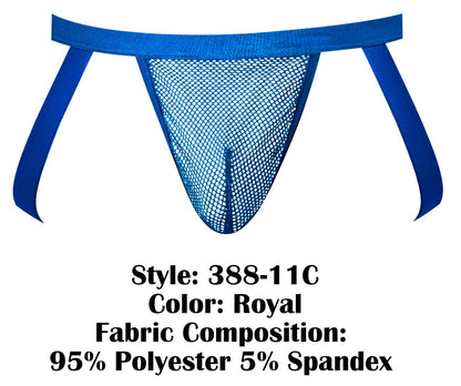 Male power 388-11c fishnet 2 jockstrap in royal blue mesh with solid fabric waistband made of polyester and spandex